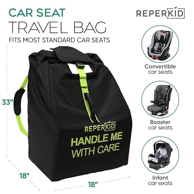 reperkid Car Seat Travel Bag for Airplane, Black and Green, 33" H x 18" W x 18" D, Fits Most Convertible, Booster and Infant Car Seats – Premium Waterproof Cover, Adjustable Shoulder Strap | Adjustable Padded Backpack Straps, Reinforced Stitching, Fits...