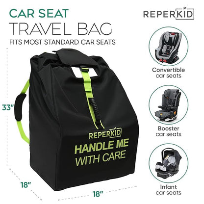 reperkid Car Seat Travel Bag for Airplane, Black and Green, 33" H x 18" W x 18" D, Fits Most Convertible, Booster and Infant Car Seats – Premium Waterproof Cover, Adjustable Shoulder Strap | Adjustable Padded Backpack Straps, Reinforced Stitching, Fits...