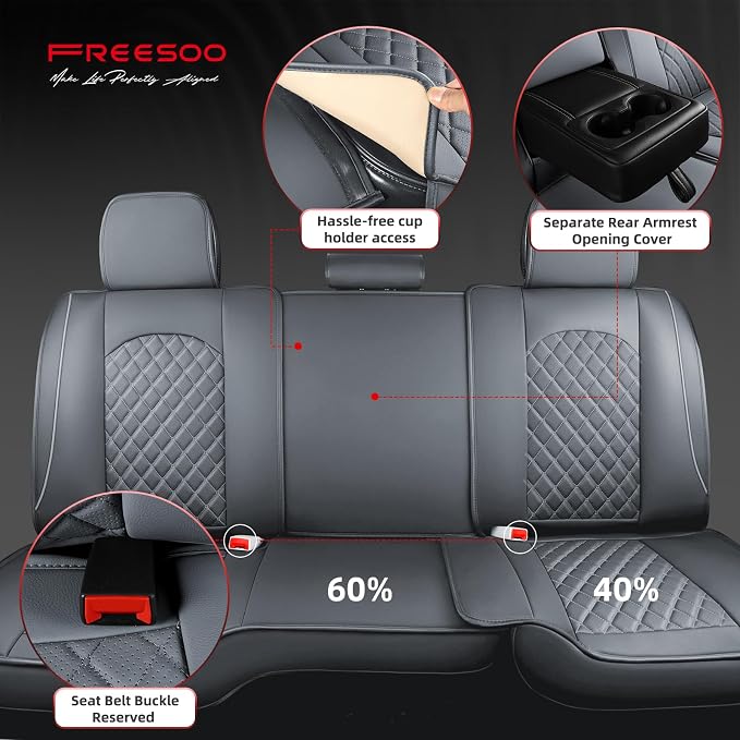 FREESOO Car Seat Covers Full Set for Dodge Ram 2002-2018 1500 & 2011-2026 2500 3500 Crew Quad Cab, 2019-2024 Ram 1500 Classic Leather Seat Cover, with Curved Bench, Grey