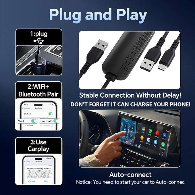 3-in-1 Wireless CarPlay Adapter with Video Streaming, Screen Mirroring & Fast Charging, Enables YouTube/TikTok via Wired Connection, Plug & Play,Car with Wired CarPlay