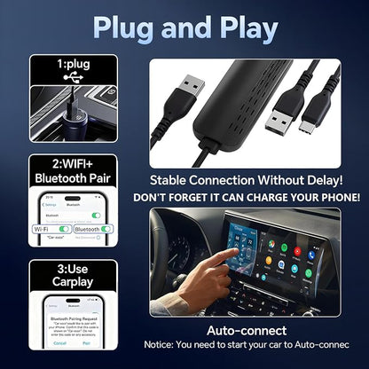 3-in-1 Wireless CarPlay Adapter with Video Streaming, Screen Mirroring & Fast Charging, Enables YouTube/TikTok via Wired Connection, Plug & Play,Car with Wired CarPlay