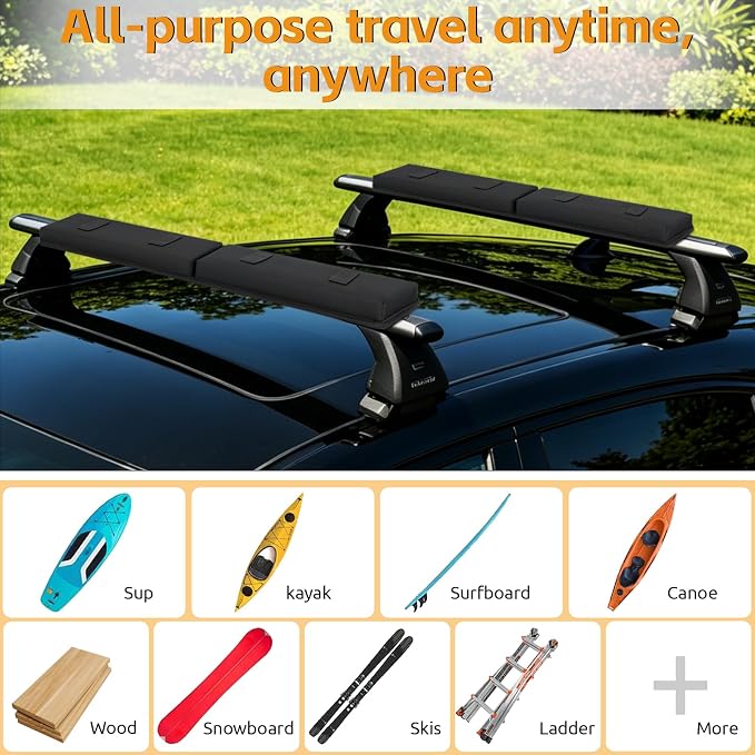 Universal Soft Roof Rack Pads for Kayak SUP Surfboard Snowboard Canoe, Heavy Duty Car Roof Rack System with 2 Tie Down Straps, 4 Quick Loop Straps, 2 Hood Loops, Tie Down Ropes and Storage Bag