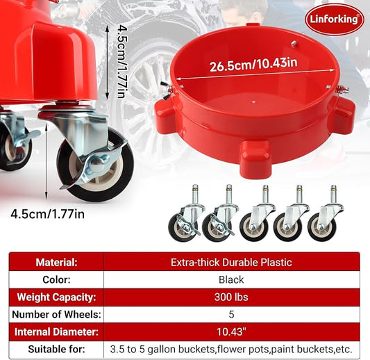 Bucket Dolly 5 Gallon with Wheels,360°Rolling Car Wash Buckets Dolly for 2.5 to 5 Gallon Buckets with Bucket Insert,Cleaning Brush,Supports Up to 300 lbs