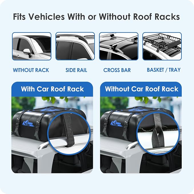 Car Rooftop Cargo Carrier Bag 15 Cubic Feet, 100% Waterproof Heavy Duty Car Roof Bag for All Vehicle with/Without Racks - Anti-Slip Mat, 4 Door Hooks, Storage Bags, 4PCS 3.8CM Straps(Blue)