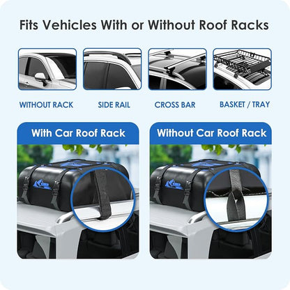 Car Rooftop Cargo Carrier Bag 15 Cubic Feet, 100% Waterproof Heavy Duty Car Roof Bag for All Vehicle with/Without Racks - Anti-Slip Mat, 4 Door Hooks, Storage Bags, 4PCS 3.8CM Straps(Blue)