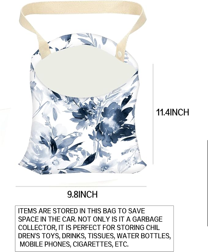Car Garbage Can, Hanging Car Trash Can Bag for Cute Car Back Seat Organizer, Cute Blue Flowers
