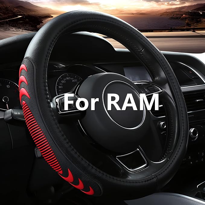 Yangday Leather Steering Wheel Cover for Dodge Ram 1500 2500 3500, 15.5-16 Inches Car Steering Wheel Cover with Anti-Slip Massage Particle (Red)