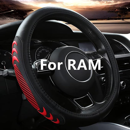 Yangday Leather Steering Wheel Cover for Dodge Ram 1500 2500 3500, 15.5-16 Inches Car Steering Wheel Cover with Anti-Slip Massage Particle (Red)