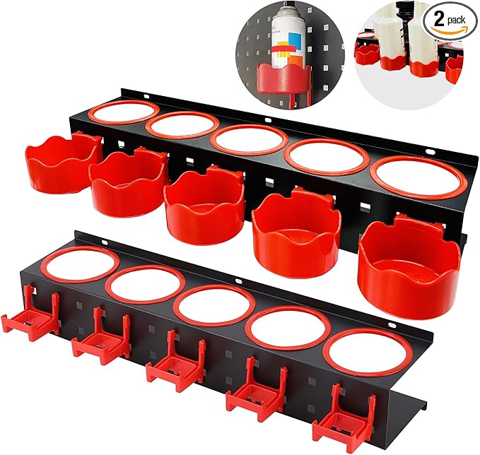 2 Pack Wall Mount Spray Bottle Holder Rack, 10-Hole Garage Organizer with Hooks for Car Detailing, Cleaning Supplies, Beauty Salon Tools - Heavy Duty Metal, Includes Mounting Hardware