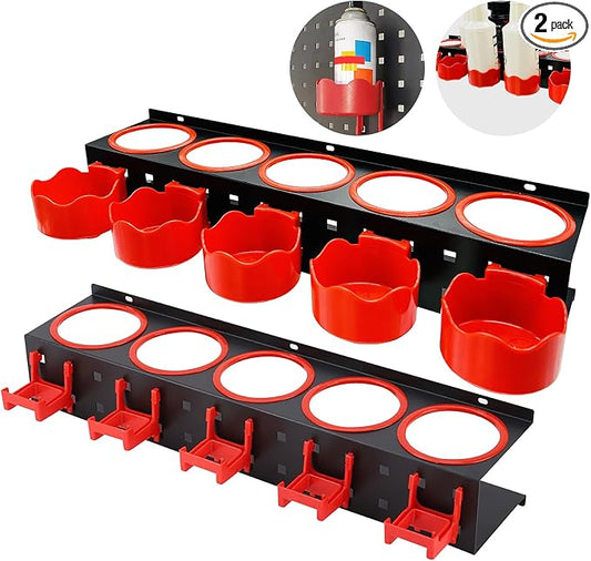 2 Pack Wall Mount Spray Bottle Holder Rack, 10-Hole Garage Organizer with Hooks for Car Detailing, Cleaning Supplies, Beauty Salon Tools - Heavy Duty Metal, Includes Mounting Hardware