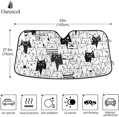 Funny Cat Car Windshield Sun Shade Cute Black White Kitty Animal Foldable UV Ray Sun Visor Protector Sunshade to Keep Your Vehicle Cool (55" x 27.6")