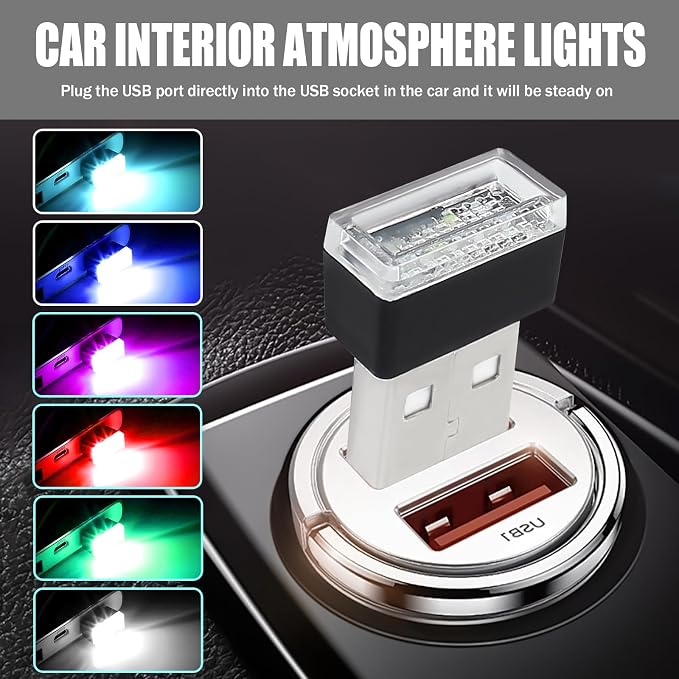 6 PCS USB LED Car Interior Atmosphere Lamp, Portable Mini Auto LED Decor Night Light, Plug-in USB Interface Ambient Lighting Kit, Universal Car Interior Accessories (6 Colors)