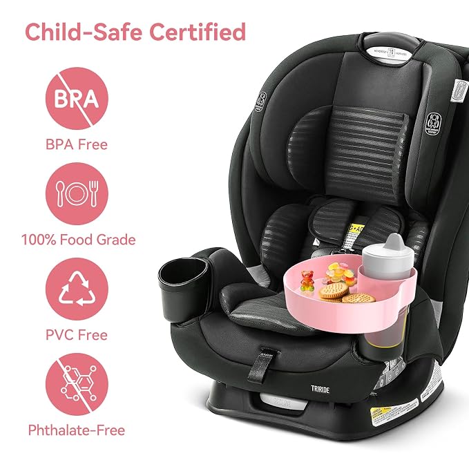 Car Seat Snack Tray: Travel Tray for Kids Carseat Cup Holder with Food Trays, Stroller Snacks Plate for Toddlers, Kid Road Trip Essentials, Pink