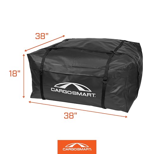 CARGOSMART CargoSmart Soft Sided Car Top Cargo Bag, 38”x38”x18” – Adds up to 15 Cubic Feet of Storage – Easily Mounts to Vehicle’s Roof Rack or Roof Top Basket – Heavy-Duty Vinyl, Black