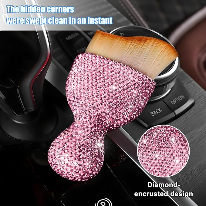 Bling Car Detailing Brush, Crystal Rhinestone Non-Scratch Vehicle Cleaning Dust Brush for Air Vent & Dashboard, Soft Bristles Automotive Interior Cleaning Tool, Universal Fit (Pink)