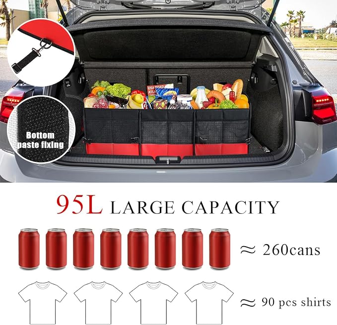 povtii Large Organizer for Car, 95L Stretchable Storage Trunk Organizer with Divided Compartments, Fixed Big Trunk Organizer with Handles & Adjustable Straps, Car Accessories (Black & Red)
