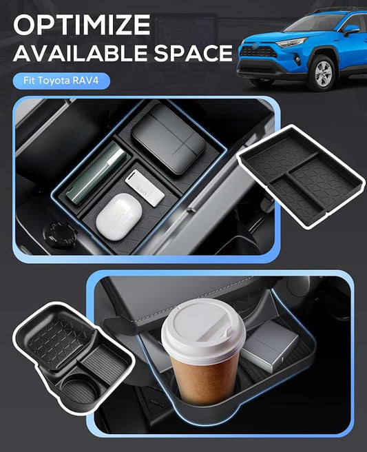 Autorder Driver Side Drawer Box&Center Console Organizer for 2019-2025 Toyota RAV4 Accessories - Armrest Bottom Storage Box & Driver's Side Drawer Organizer with Cup Holder – 2PCS ABS Black
