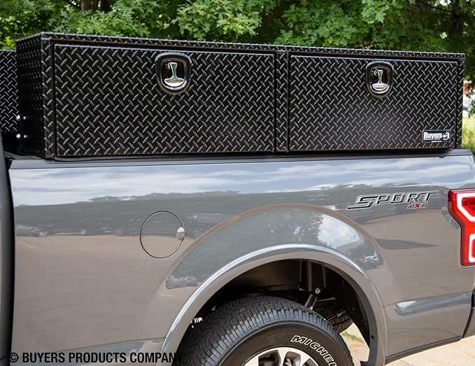 Buyers Products 1721565 Black Aluminum Diamond Tread Topsider Truck Box With Drop Door, 90x18x16 Inch, Weather Resistant, Locking Compression Latch, No Drill Install, Made in USA