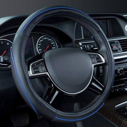 Car Pass Colour Piping Leather Universal Fit Steering Wheel Cover,Perfectly fit for 14.5-15 inches Suvs, Vans, Trucks, Sedans, Cars (Black&Blue)