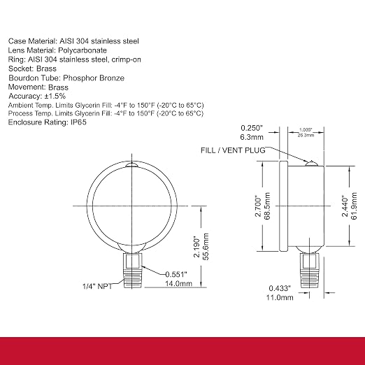 Winters 2-1/2" Dial Size, Liquid Filled Industrial Pressure Gauge, Brass Internals, Stainless Steel Case, Dual Scale 0-5,000 psi/kPa, 1.5% Acc, 1/4" NPT Bottom Mount, Glycerin Filled Pressure Gauge
