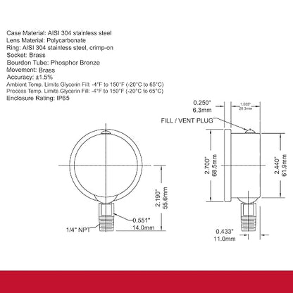 Winters 2-1/2" Dial Size, Liquid Filled Industrial Pressure Gauge, Brass Internals, Stainless Steel Case, Dual Scale 0-5,000 psi/kPa, 1.5% Acc, 1/4" NPT Bottom Mount, Glycerin Filled Pressure Gauge