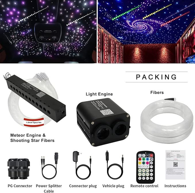 AZIMOM Dual Color 20w Twinkle Fiber Optic Starlight Headliner Kits Mixed 860pcs13.1ft, RGB Meteor Shooting Star, Sound Activated Remote APP Control Home Car Ceiling Décor