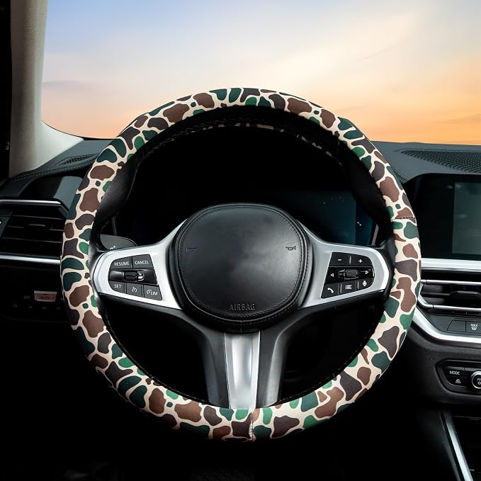 Army Camo Steering Wheel Cover Auto Steering Wheel Protector, Anti-Slip, Breathable, Absorbing Sweat, Universal Camo Car Accessories 14.5–15 inch,Fit for Most Car, Trucks, SUV