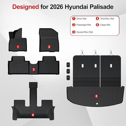 Floor Mats for 2026 Hyundai Palisade 7/8 Seat (Only Hybrid), All Weather TPE Cargo Mat with 3rd Backrest Mat for 2026 Hyundai Palisade Hybrid Calligraphy Accessories