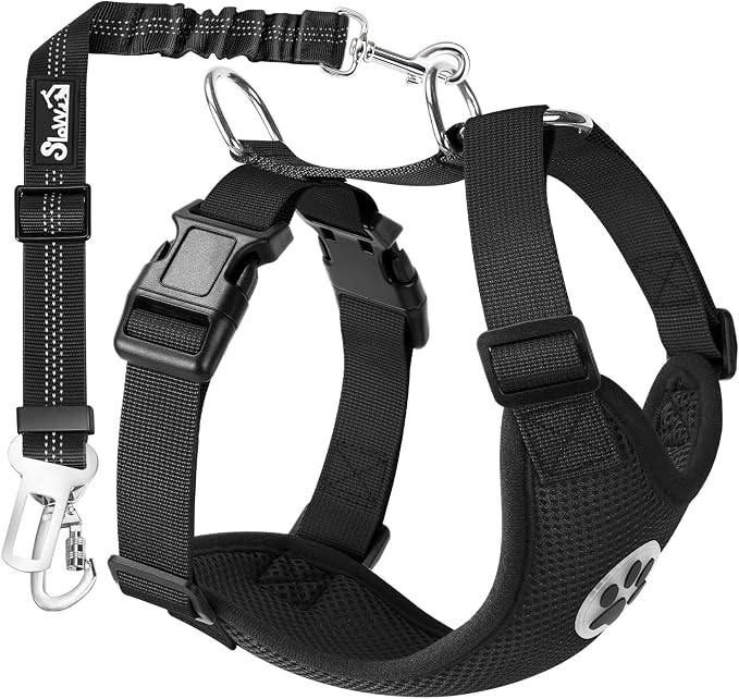 Lukovee Dog Car Harness Seat Belt, Adjustable Mesh Breathable Vest with Elastic Bungee Tether, Soft Padded 2-in-1 Safety Car Harness Seatbelt for Small Medium Large Dogs (Black,S)
