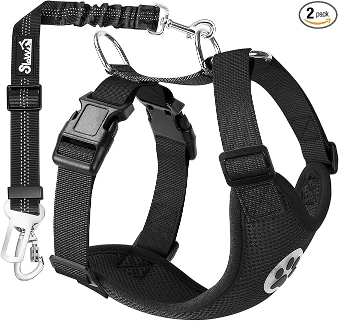 Lukovee Dog Car Harness Seat Belt, Adjustable Mesh Breathable Vest with Elastic Bungee Tether, Soft Padded 2-in-1 Safety Car Harness Seatbelt for Small Medium Large Dogs (Black,XXS)