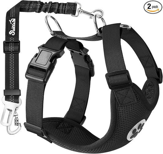 Lukovee Dog Car Harness Seat Belt, Adjustable Mesh Breathable Vest with Elastic Bungee Tether, Soft Padded 2-in-1 Safety Car Harness Seatbelt for Small Medium Large Dogs (Black,M)