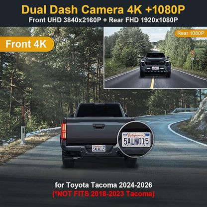 Fitcamx Front 4K+Rear 1080P Dash Cam Adapts for Toyota Tacoma & Hybrid 2024-2026, Integrated OEM Look, 2 Way HD Video, WiFi & APP, Loop Recording, G-Sensor, Night Vision, Easy to Use, 128GB Card
