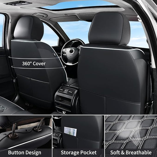 Huidasource Dodge Ram Seat Covers, Front & Rear Pickup Truck Leather Seat Cover Fit for 2009-2018 RAM 1500, 2010-2025 2500/3500 Crew Mega Cab, 2019-2025 RAM 1500 Classic only (Full Set/Black&White)