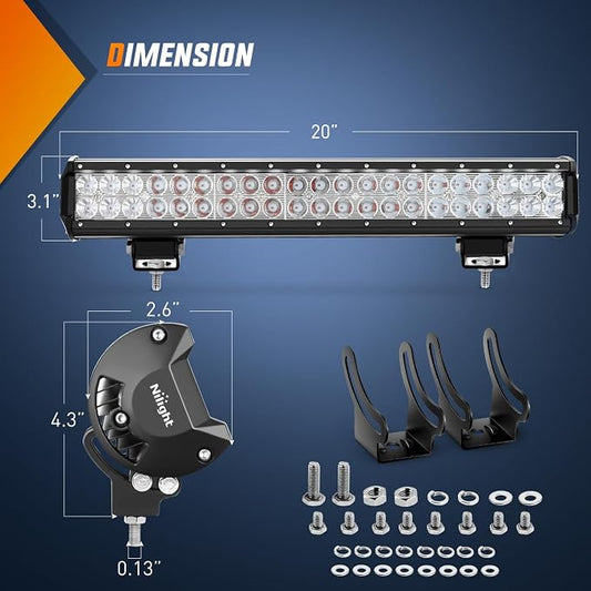 Nilight LED Light Bar 20 Inch 126W Spot Flood Combo Red Beam Off Road Lamp Fishing Hunting Emergency Deck Work Lighting for Trucks UTV Pick-up Van Boat Tractor