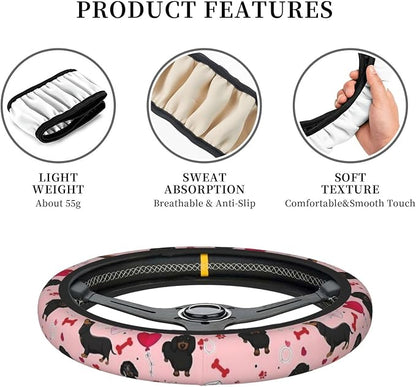 Car Steering Wheel Cover with Anti-Slip Lining, Universal 15 inch Wheel Cover, Fashion Car Interior Accessories for Women Men - Cute Pink Dachshund