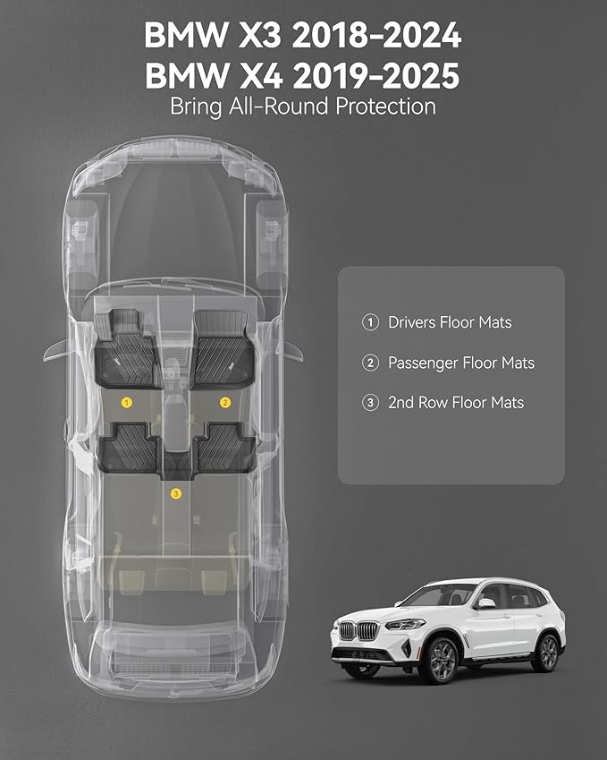3W 2018-2024 BMW X3 Floor Mats & 2019-2025 X4 Floor Liner, All Weather TPE Custom Fit Accessories for X3 G01 X4 G02 30i M40i 30e M BMW X4 M M40i xDrive30i Full Set Car Mats, 5PCS