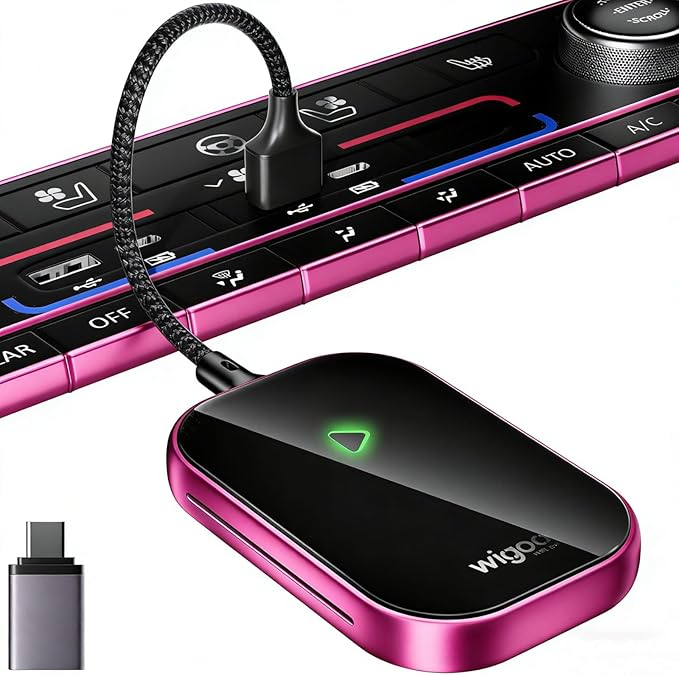 Wigoo 2026 Upgraded Wireless CarPlay Adapter [Plug & Play, 10s Auto Connect] Converts Wired to Wireless CarPlay, No Latency, for Cars from 2015+, for iPhone iOS 10+, Not for Tesla & Android, Pink