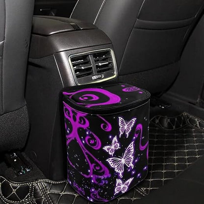BIGCARJOB Purple Butterfly Car Trash Bin Bags Hanging Accessories Storage Bag for Women Girly Cute Butterfly Car Trash Can with Lid Collapsible Reusable Bin