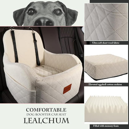 Lealchum Dog Booster Car Seat,Ultra Soft Fabric & Filling Memory Foam,Elevated Cushion,3 Straps & Safety Belt Channel,Anti-Slip Base,Fully Detachable and Washable(Beige,Medium)