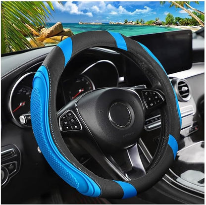 Osilly 15 Inch Car Leather Steering Wheel Cover, Automotive Accessories Elastic Breathable Anti-Slip Soft Wheel Protector Fits Men and Women, Suitable for SUVs, Trucks, Vehicles and RVs (Light Blue)