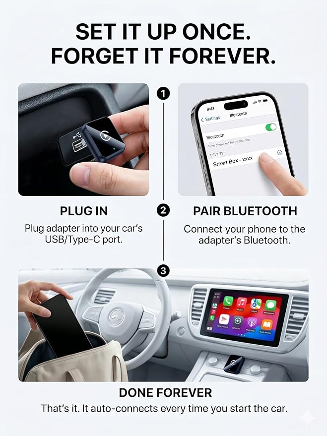 UFOsekf 2 in 1 Wireless CarPlay and Android Auto Adapter, Fast 5.8GHz Stable Dongle for Family Share, Reduce Phone Unplugging on Commute, Premium Aluminum Dark Blue Case