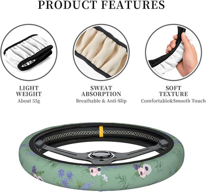 Sage Green Floral Plant Car Steering Wheel Cover
