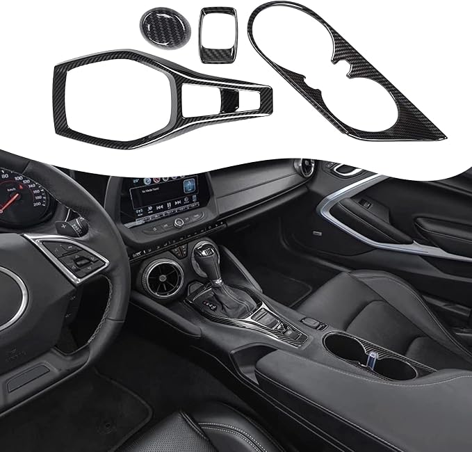 RT-TCZ Carbon Fiber Center Console Gear Shift Panel Trim Cover Cup Holder Frame Shift Knob Cover Sticker Interior Decoration Kit Accessories for 2017 2018 2019 2020 2021 2022 Chevrolet Camaro, 4 PCS