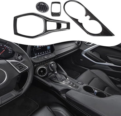 RT-TCZ Carbon Fiber Center Console Gear Shift Panel Trim Cover Cup Holder Frame Shift Knob Cover Sticker Interior Decoration Kit Accessories for 2017 2018 2019 2020 2021 2022 Chevrolet Camaro, 4 PCS
