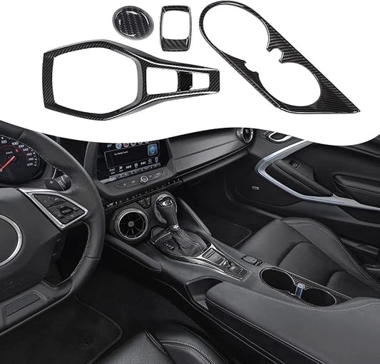 RT-TCZ Carbon Fiber Center Console Gear Shift Panel Trim Cover Cup Holder Frame Shift Knob Cover Sticker Interior Decoration Kit Accessories for 2017 2018 2019 2020 2021 2022 Chevrolet Camaro, 4 PCS