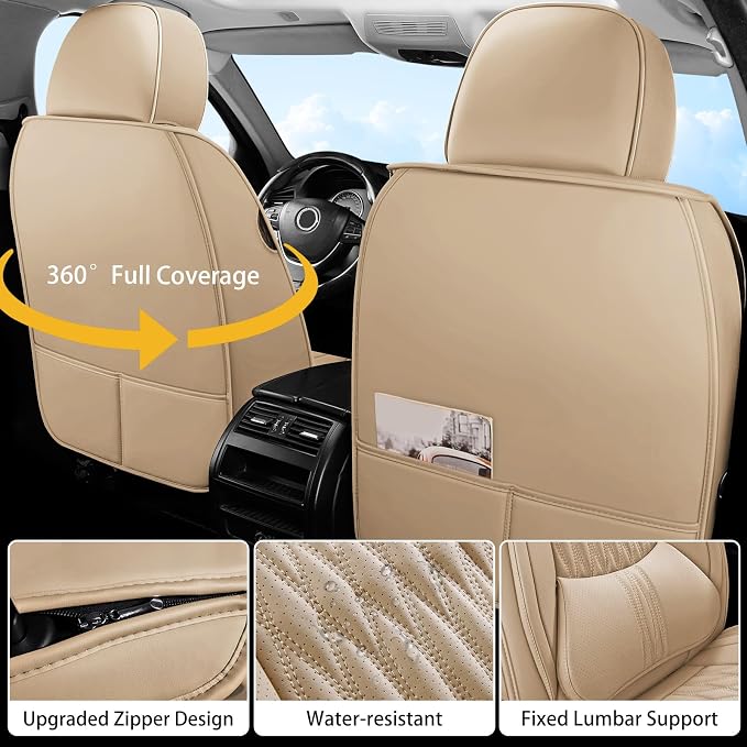 WELLDO Car Seat Covers, 2 Seats,Beige | Waterproof, Scratch-Resistant, Breathable & Easy to Clean, Universal Fit for SUV Sedan Truck, Full Set