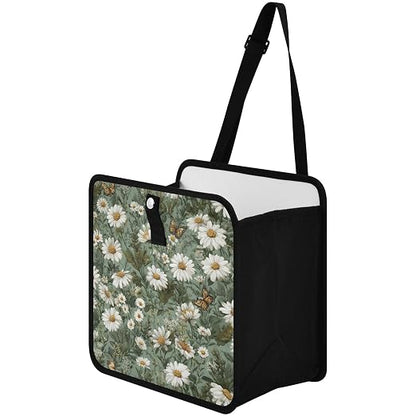 Car Trash Can Organizer Bin with Adjustable Strap for Back Front Seat Console Waterproof Leakproof Collapsible Portable 8.66 Inch Summer Daisy Butterfly Green