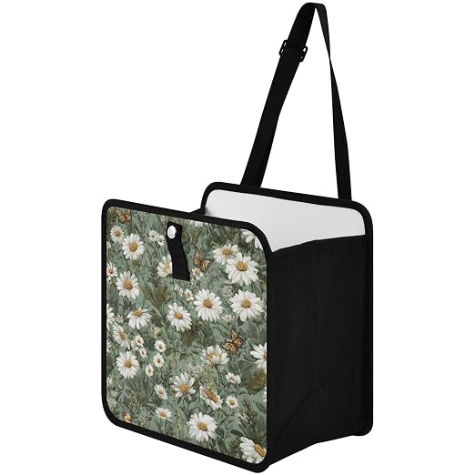 Car Trash Can Organizer Bin with Adjustable Strap for Back Front Seat Console Waterproof Leakproof Collapsible Portable 11 Inch Summer Daisy Butterfly Green