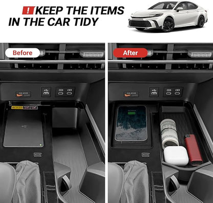2PCS Wireless Charging Anti-Slip Mat & Center Console Organizer Compatible with Toyota 2025 2026 Camry Accessories Silicone & ABS Plastic Material Console Secondary Storage Box