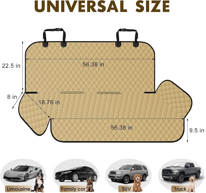 NECKORY Backseat Cover for Dogs, Waterproof and Non-Slip Pet Bench Seat Covers, Car Seat Protector for Back Seat, Universal Size Rear Car Seat Cover Fits Cars, Trucks and SUVs, L-Khaki&Black